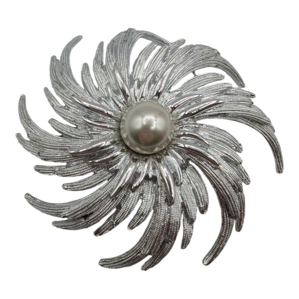 Vintage Sarah Coventry Silver-Tone Swirl Brooch Pin With Faux Pearl Center